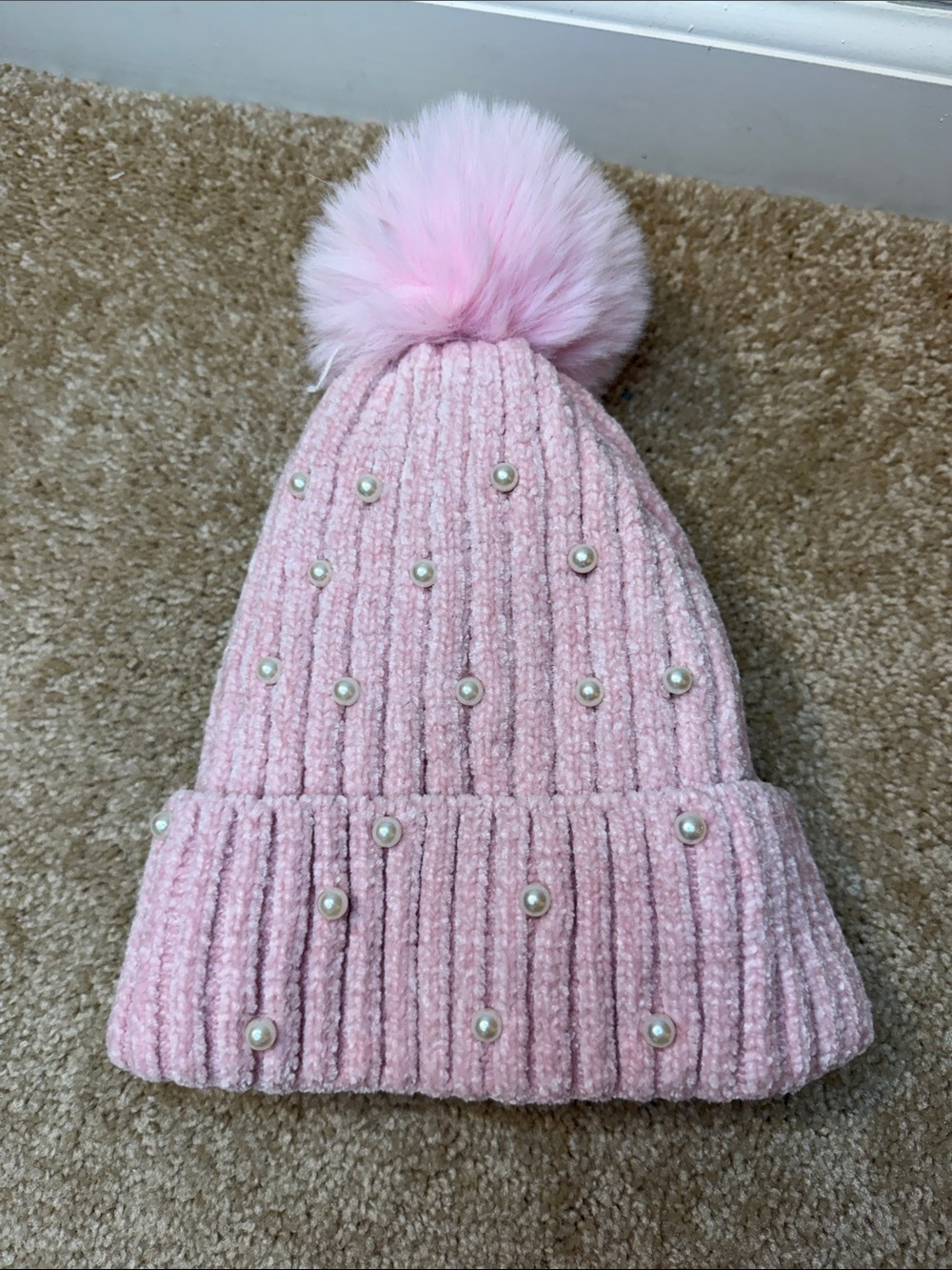 Pink Pearl-Embellished Knit Pom Beanie - Picture 2 of 6